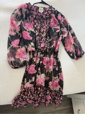 Misa Los Angeles Black Floral Smocked Waist Dress with Pink Blooms